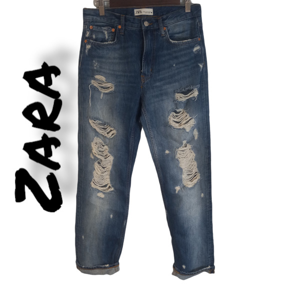 Zara Women's Blue Denim Mid Rise Distressed Straight Leg Jeans Pant Size 4 - Picture 1 of 7